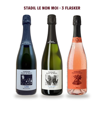 Tre flasker Champagne Stadil Le Non Moi: Blanc de Noirs, Grand Cru Assemblage og Rosé
