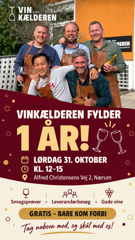 Plakat: Vinkælderen fylder 1 år, lørdag 31. oktober kl. 12-15, Alfred Christensens Vej 2, Nærum. Gratis, bare kom forbi